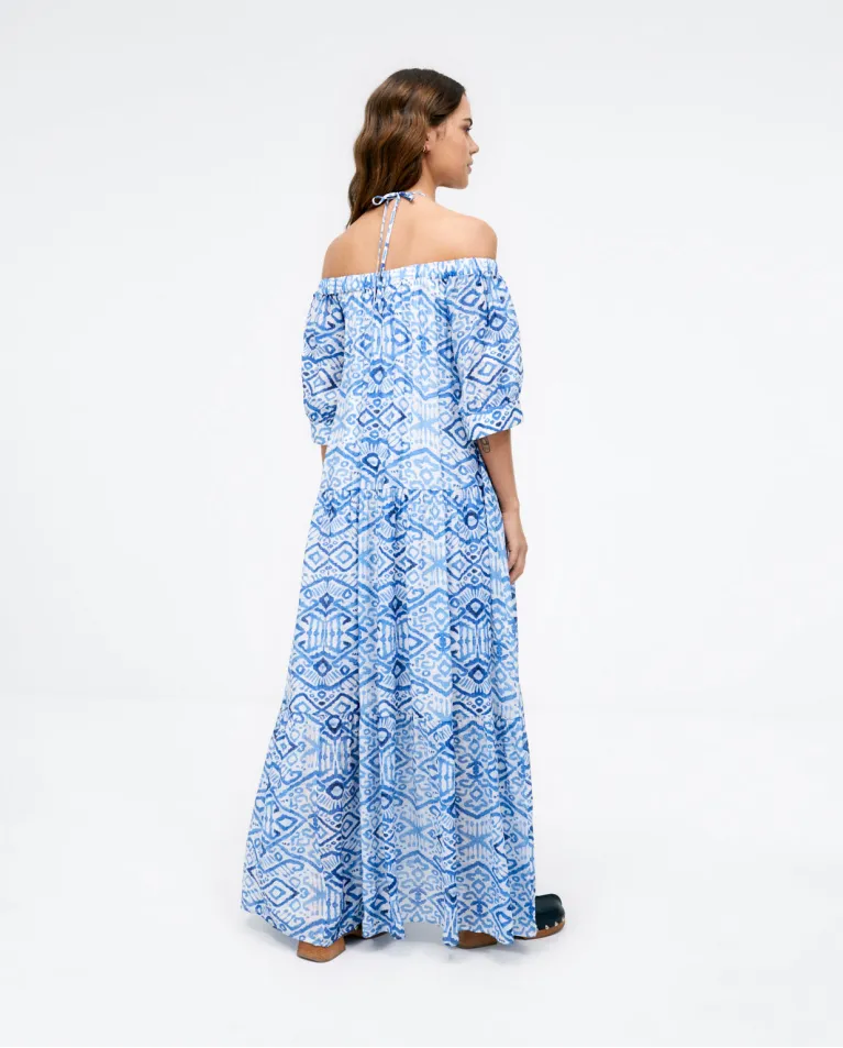 Blue Print Off Shoulder Maxi Dress