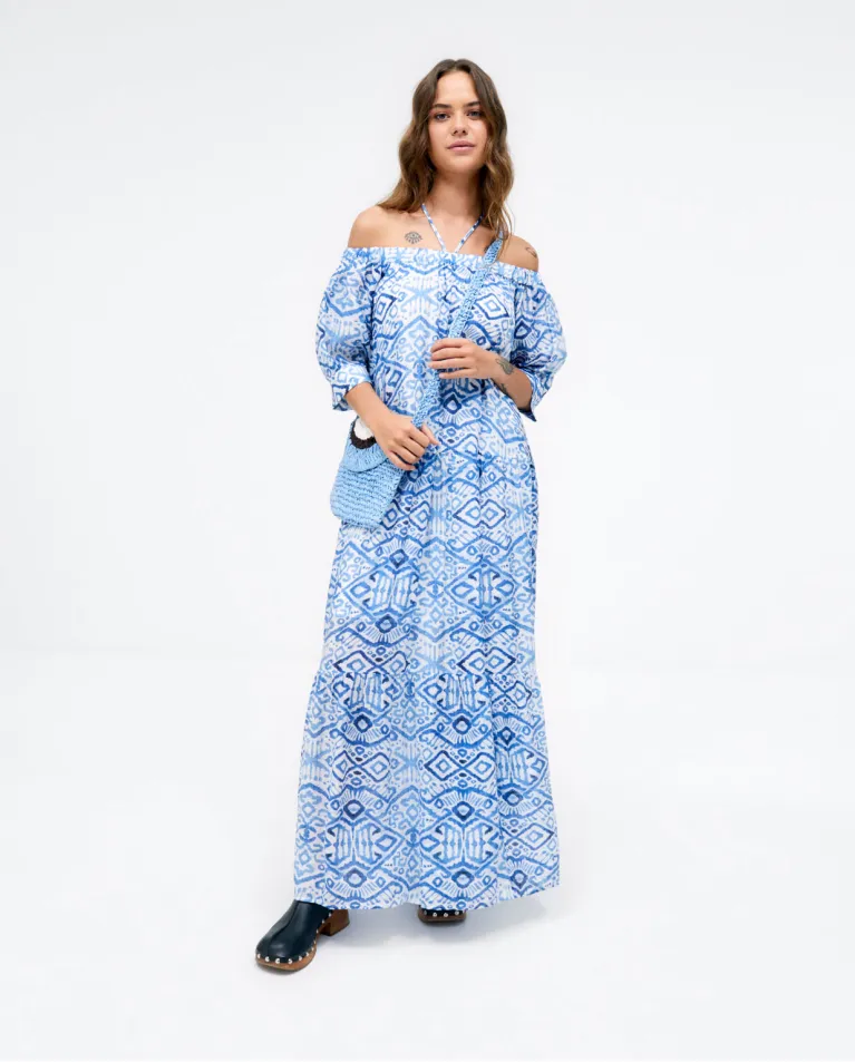 Blue Print Off Shoulder Maxi Dress