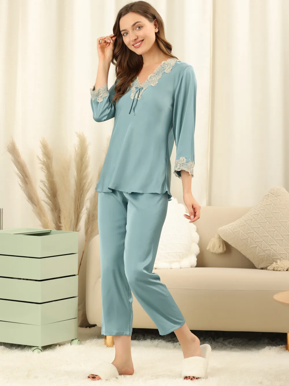 Allegra K Lace Trim Solid Pajama Sets