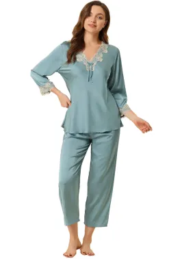 Allegra K Lace Trim Solid Pajama Sets