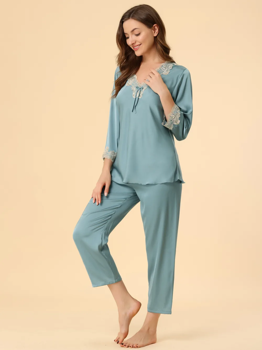 Allegra K Lace Trim Solid Pajama Sets