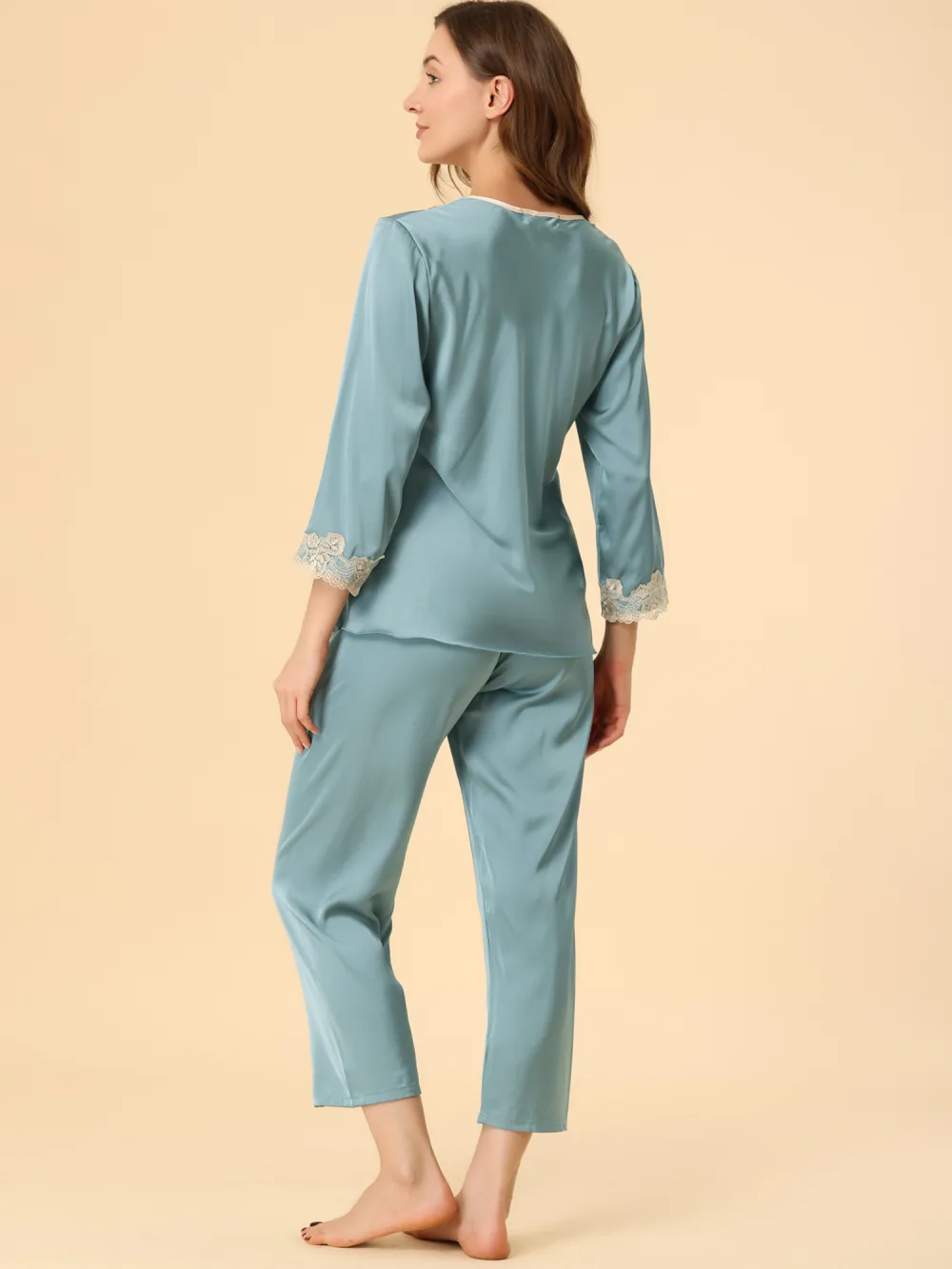 Allegra K Lace Trim Solid Pajama Sets