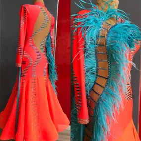 Vibrant Ballroom Dress in Orange with Blue Feathers