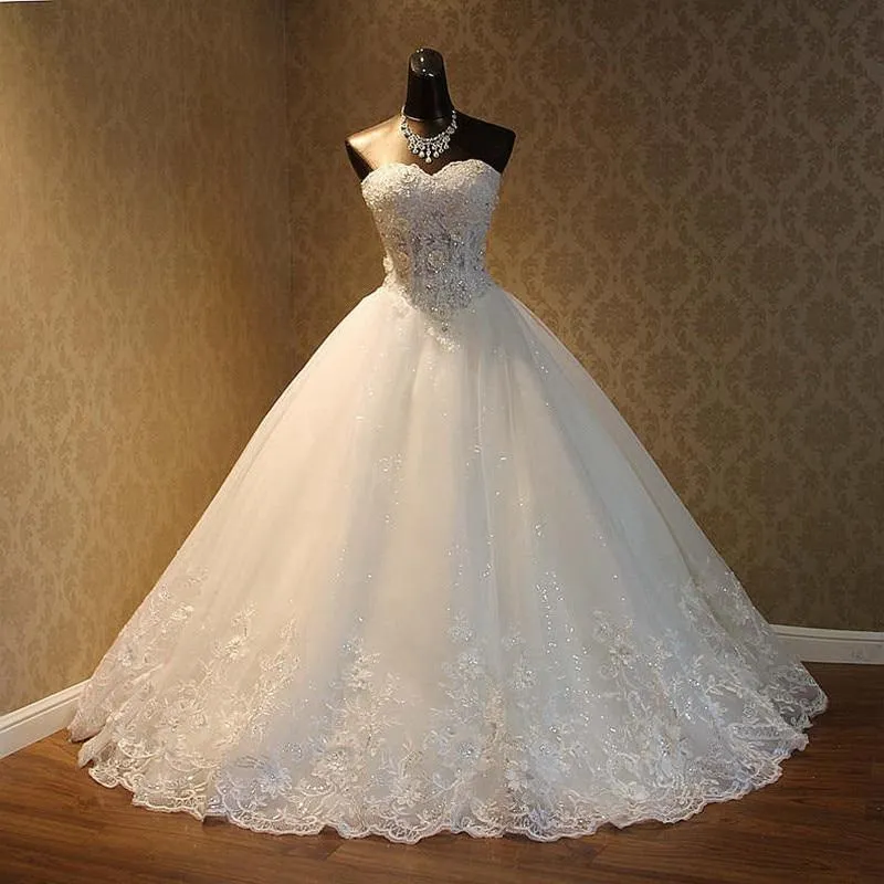 Off Shoulder Beaded Pearls Ball Gown Wedding Dress