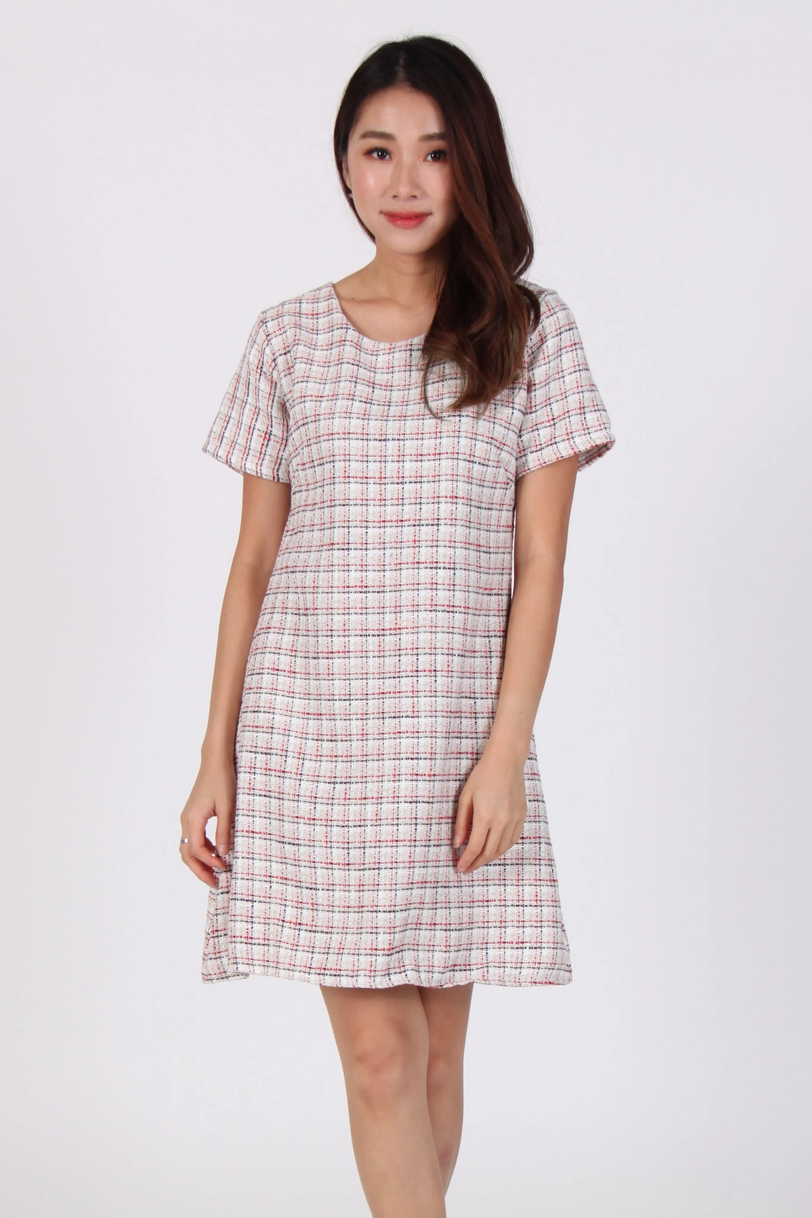 Tweed Grid Shift Dress in Beige