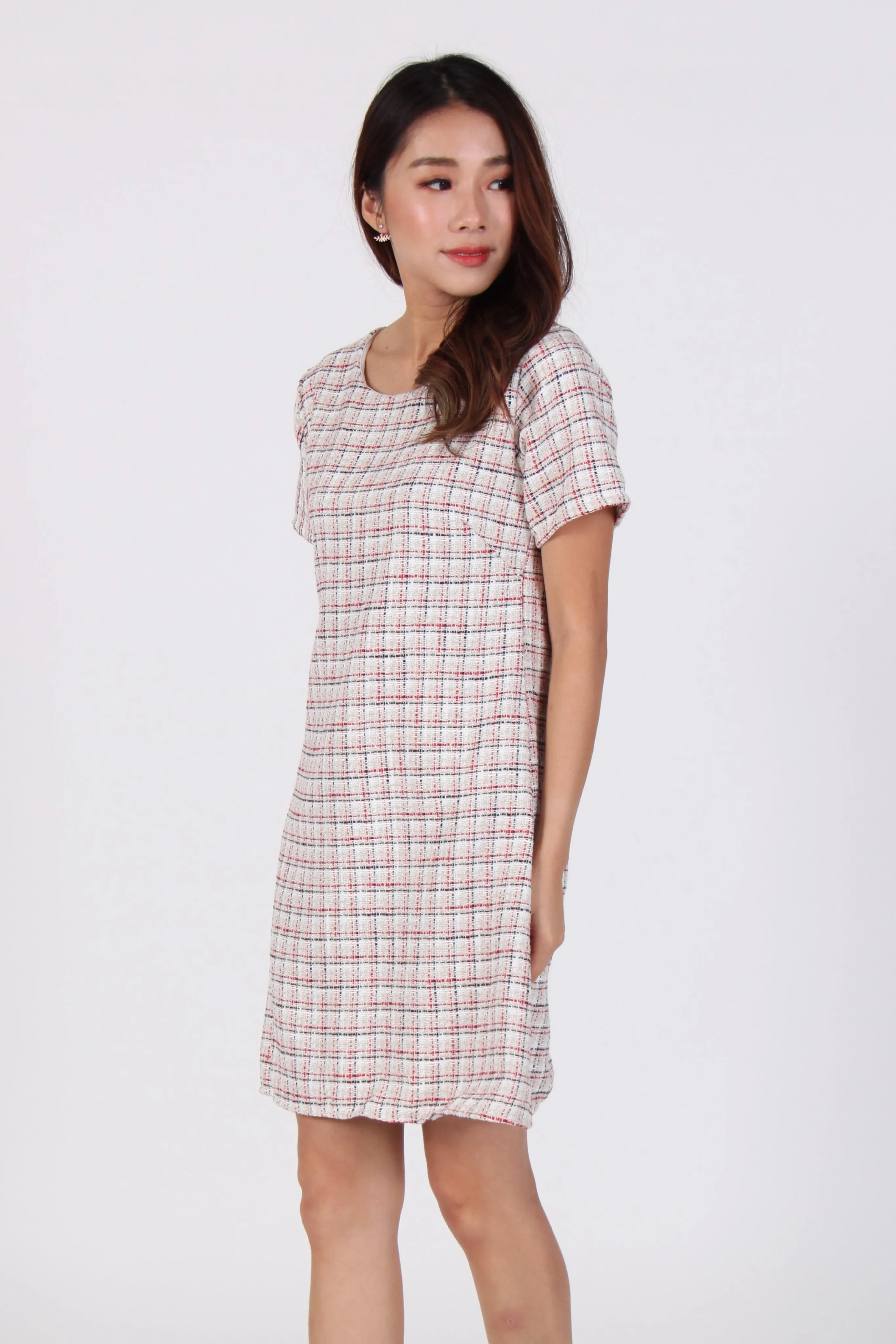 Tweed Grid Shift Dress in Beige