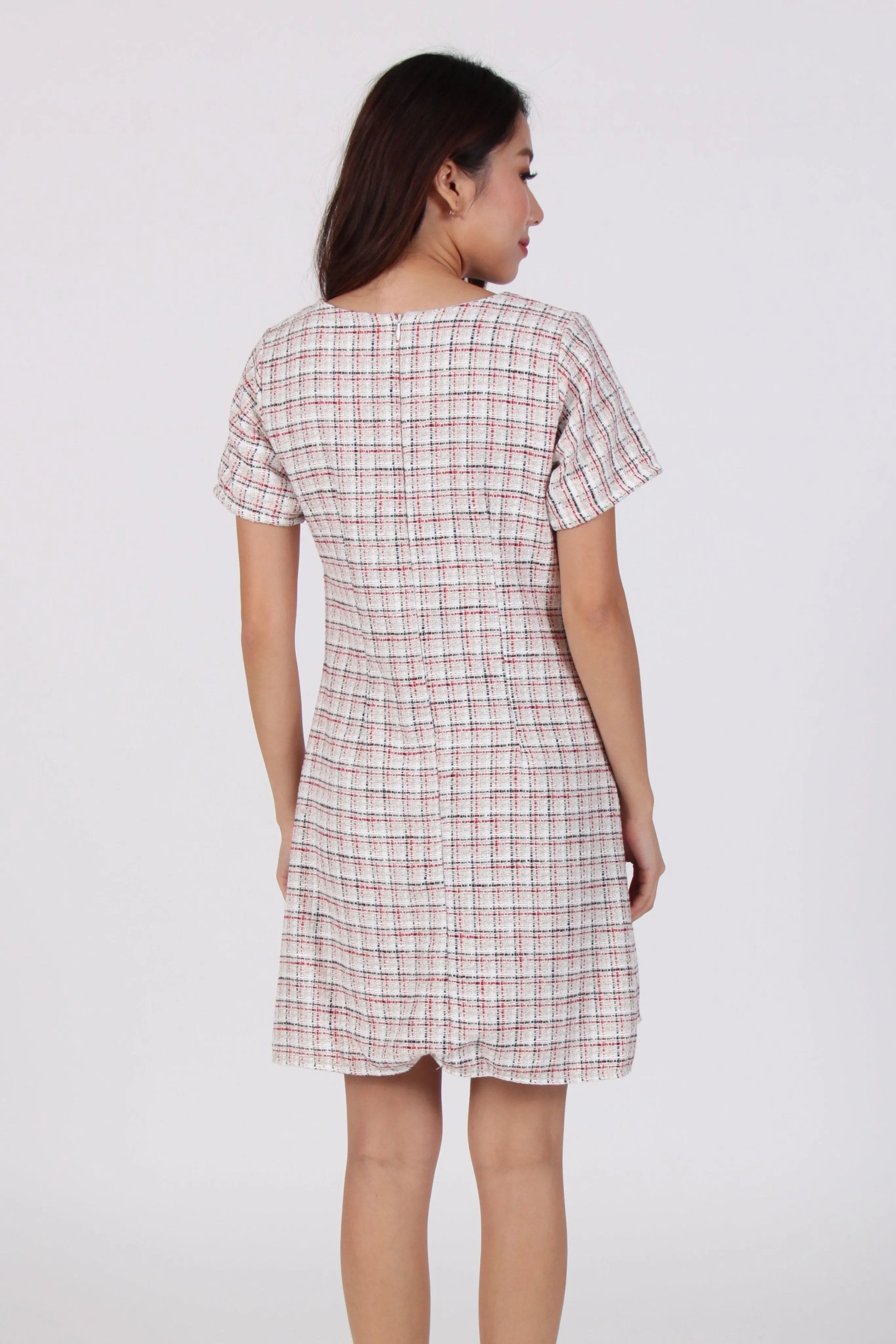 Tweed Grid Shift Dress in Beige