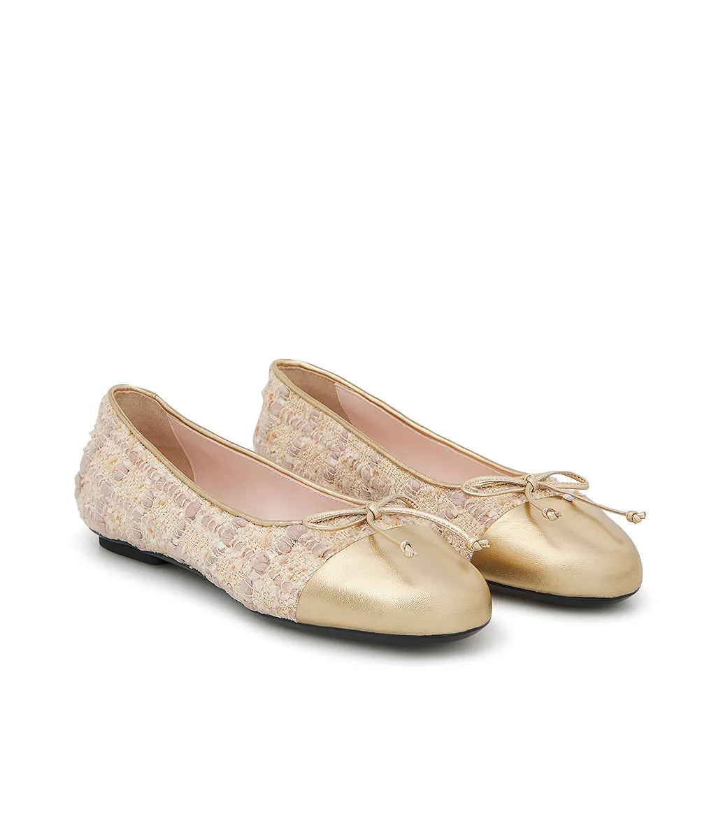 Beige Tweed Fabric and Gold Leather Ballerina Flats