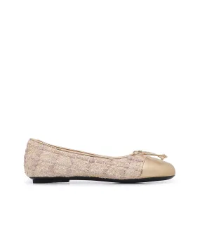 Beige Tweed Fabric and Gold Leather Ballerina Flats