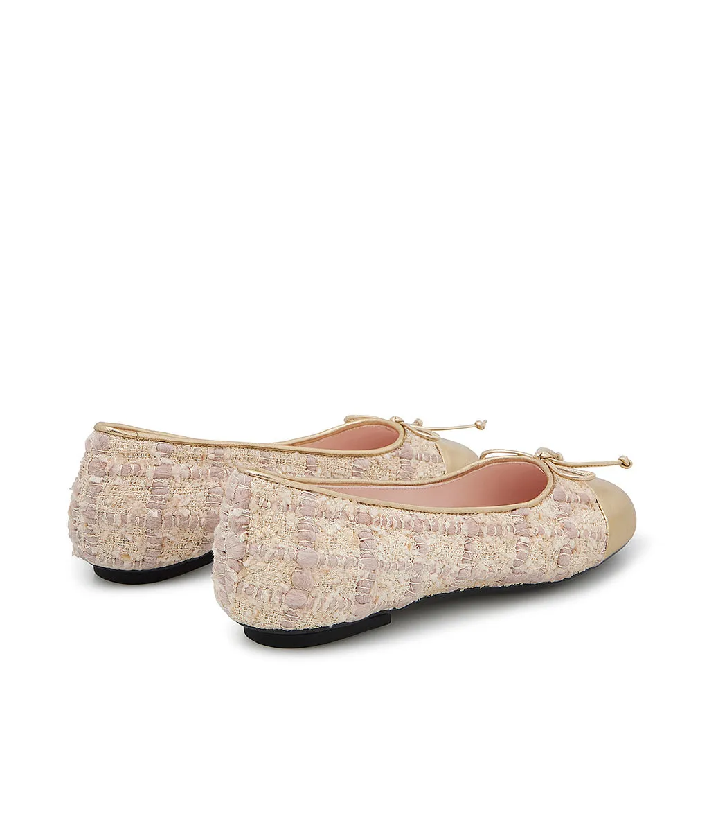 Beige Tweed Fabric and Gold Leather Ballerina Flats