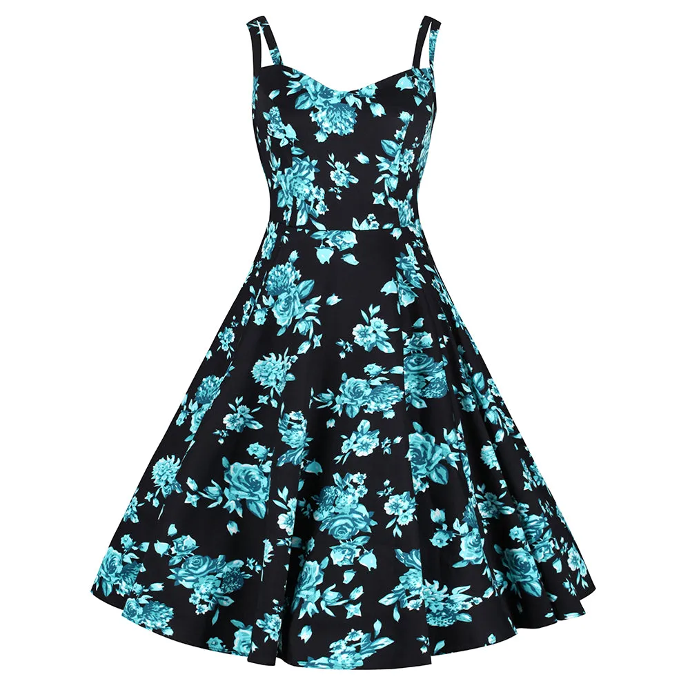 Floral Black and Blue Rockabilly Dress