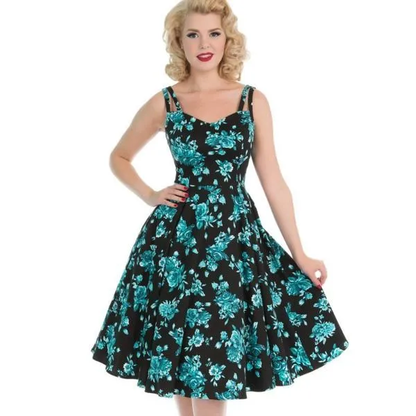 Floral Black and Blue Rockabilly Dress