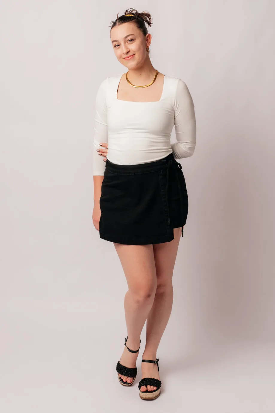 Black Denim Skort with High Rise Side Tie