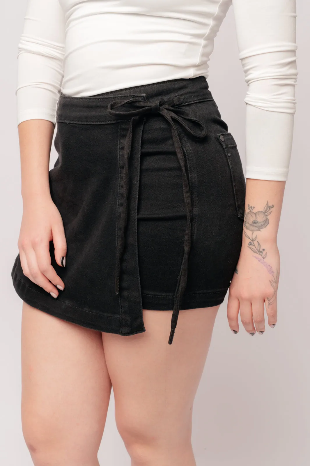 Black Denim Skort with High Rise Side Tie