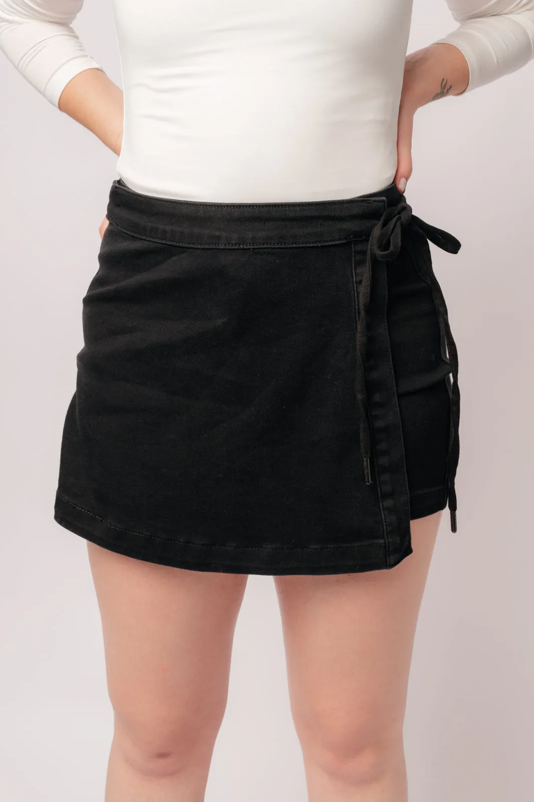 Black Denim Skort with High Rise Side Tie