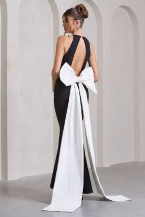 Black Open-Back Maxi Dress with Large White Bow