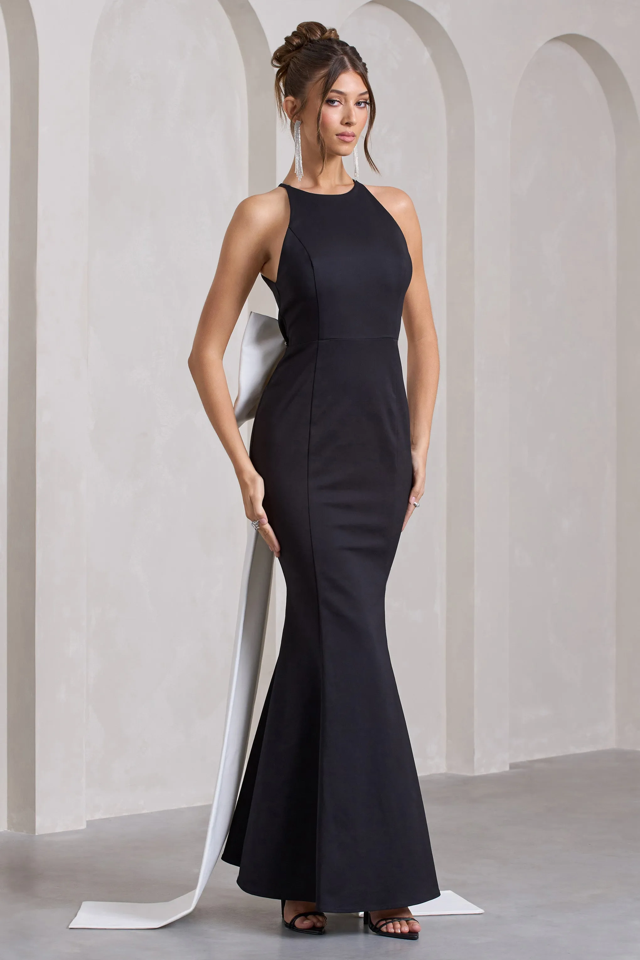 Black Open-Back Maxi Dress with Large White Bow