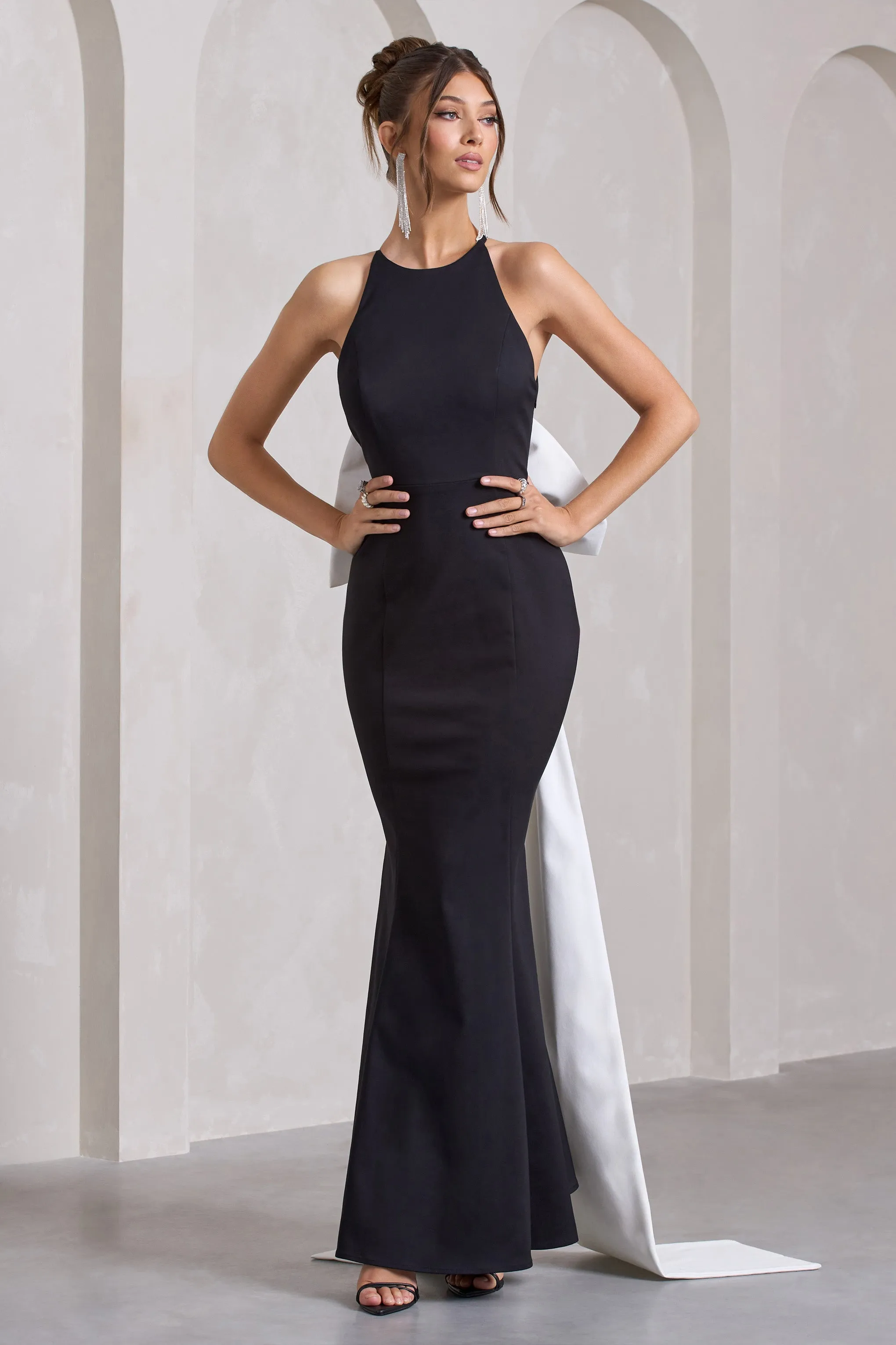 Black Open-Back Maxi Dress with Large White Bow