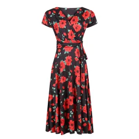 Slinky Pencil Cocktail Dress with Dusky Pink Floral Print and Butterfly Sleeve