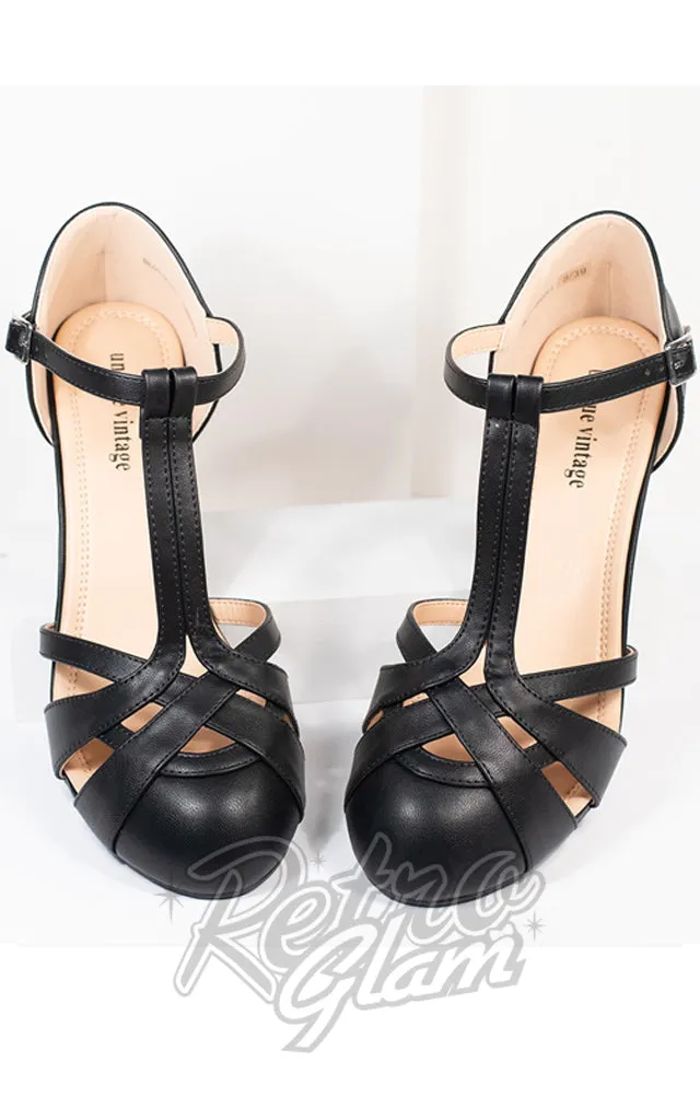 Black Leatherette Woven T-Strap Heels