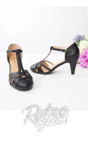 Black Leatherette Woven T-Strap Heels