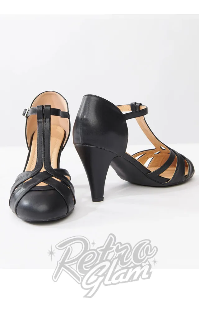 Black Leatherette Woven T-Strap Heels