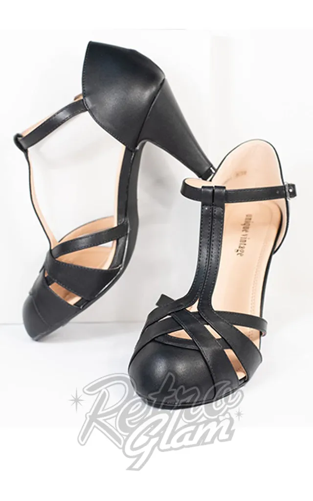 Black Leatherette Woven T-Strap Heels