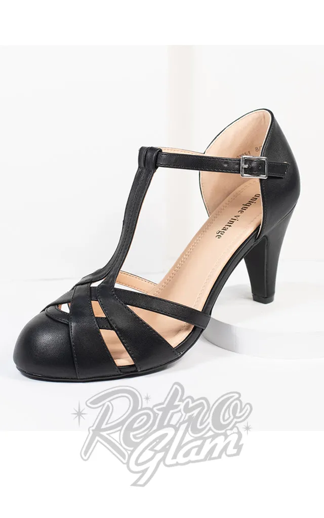 Black Leatherette Woven T-Strap Heels