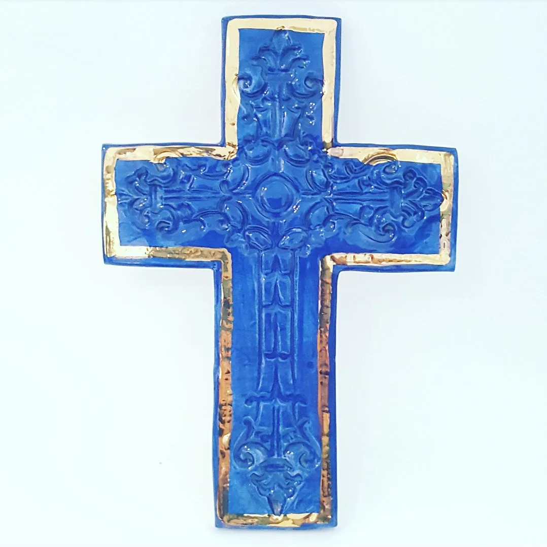 Royal Blue and Gold ceramic wall cross from Avignon