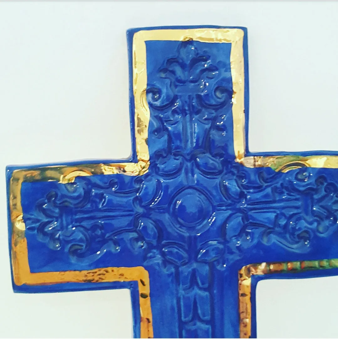 Royal Blue and Gold ceramic wall cross from Avignon