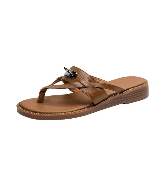 Brown Faux Leather Boho Flip Flops Slide Sandals