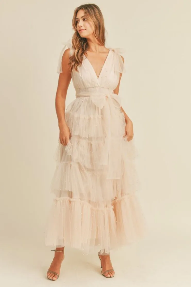 Nude Blush Tiered Tulle Maxi Dress