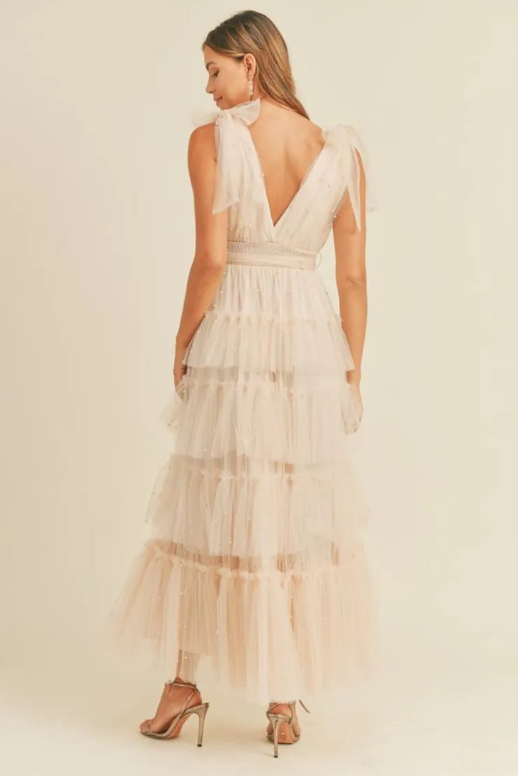 Nude Blush Tiered Tulle Maxi Dress