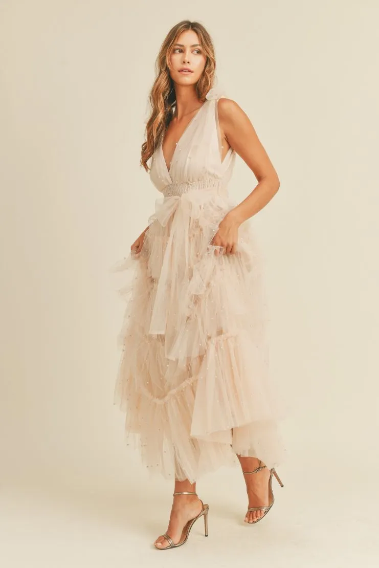 Nude Blush Tiered Tulle Maxi Dress