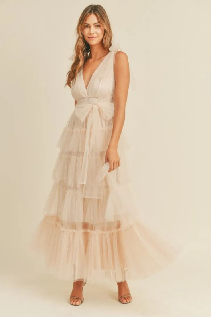 Nude Blush Tiered Tulle Maxi Dress