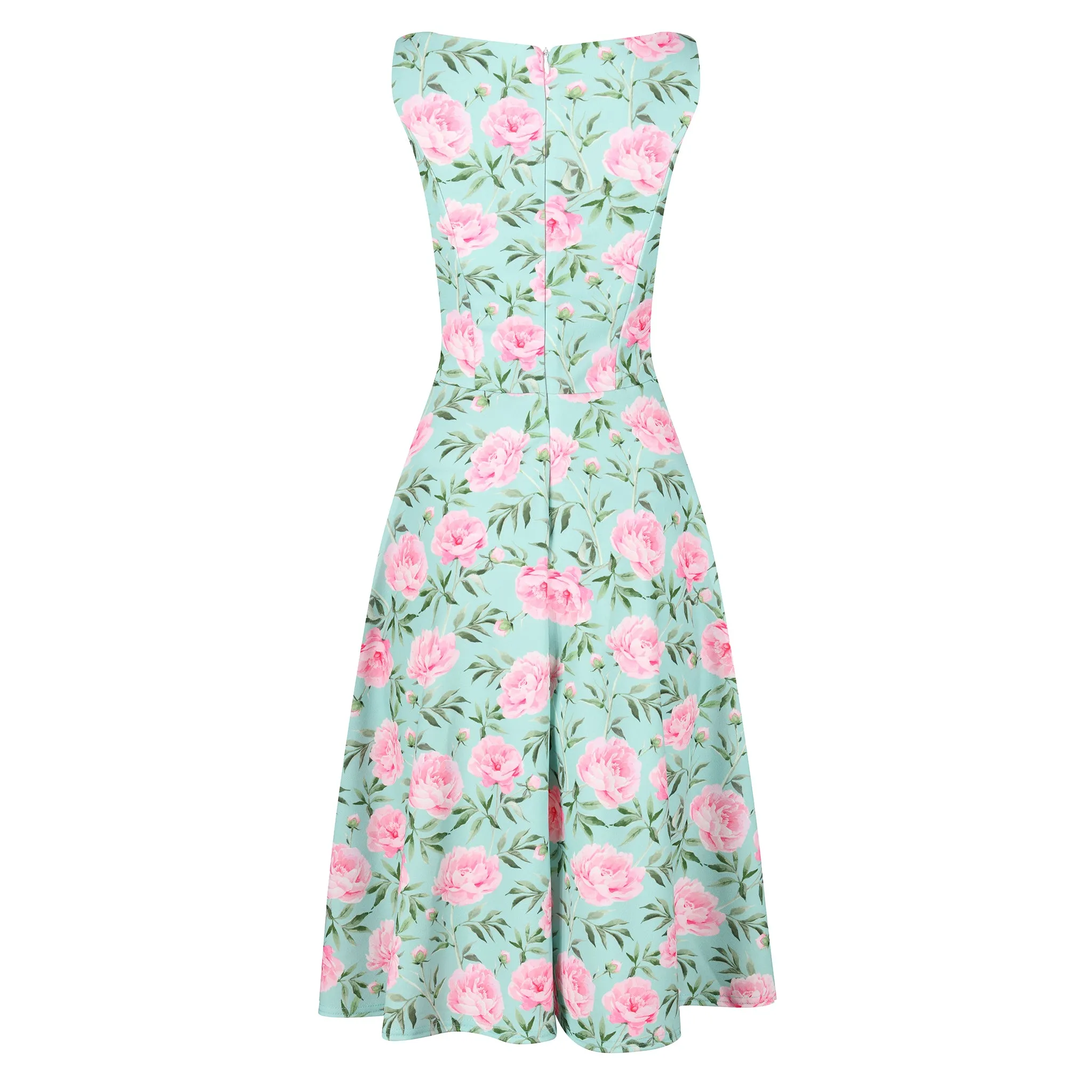 Mint Green Pink Floral Audrey Style 1950s Swing Dress