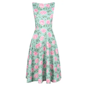 Mint Green Pink Floral Audrey Style 1950s Swing Dress