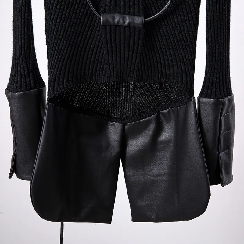 Chic Black O-neck Knitted Sweater with Leather and Lace