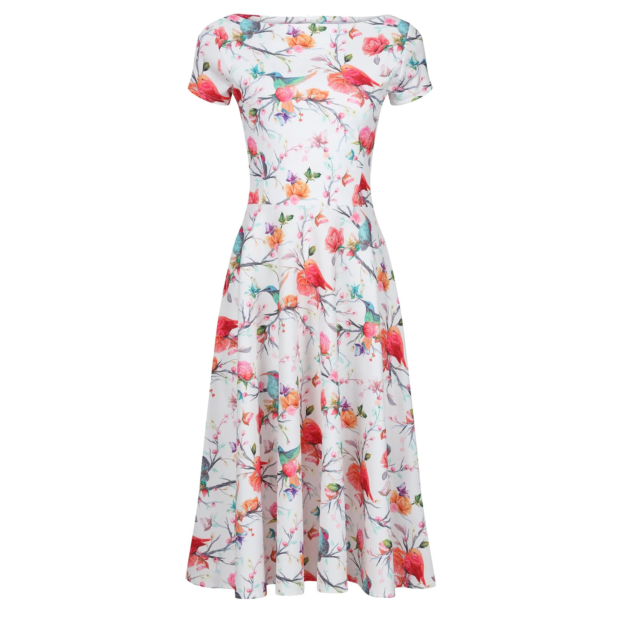 Floral Bird Butterfly Cap Sleeve 50s Swing Dress