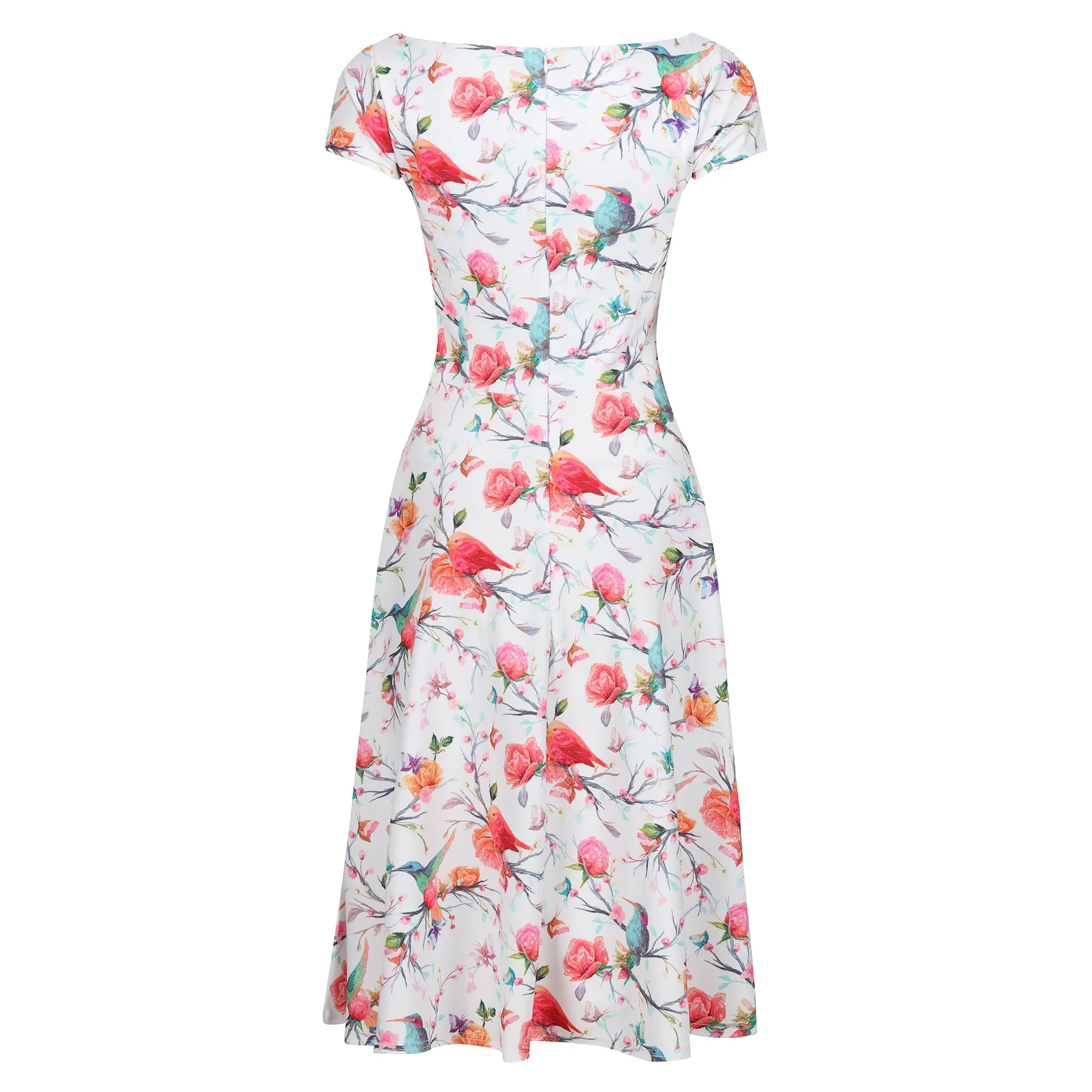 Floral Bird Butterfly Cap Sleeve 50s Swing Dress