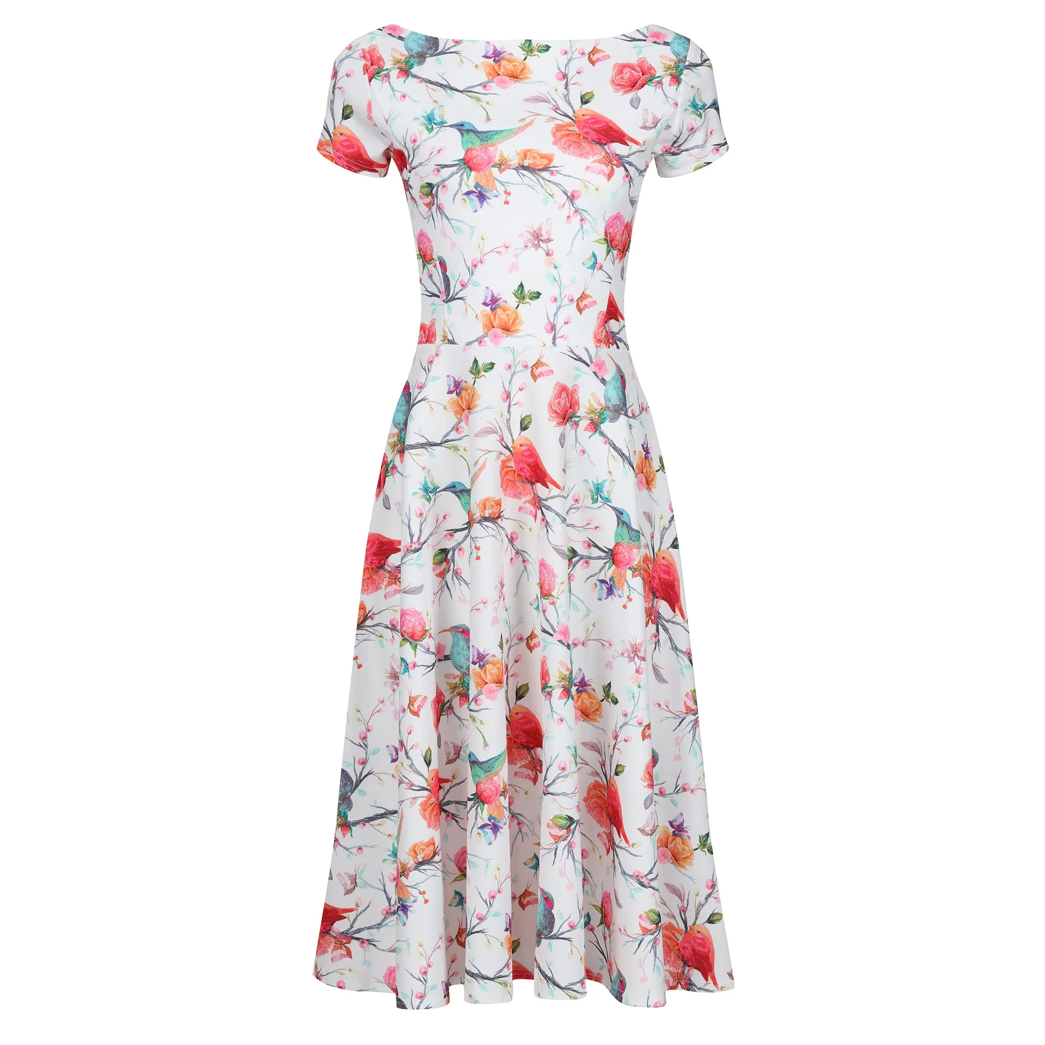 Floral Bird Butterfly Cap Sleeve 50s Swing Dress