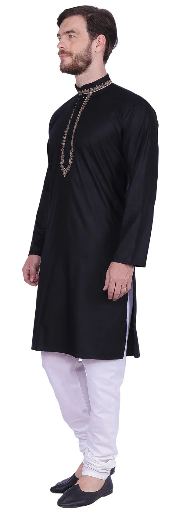 Embroidered Kurta Pajama Men's Cotton India Clothing Party Wear Black