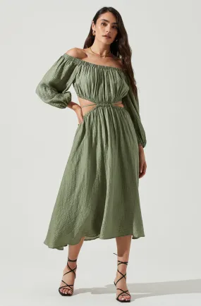 Off Shoulder Midi Dress with Tie Waist and Cutout Design