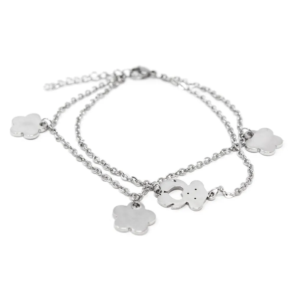 Stainless Steel CZ Flower Charms and Bear Bracelet