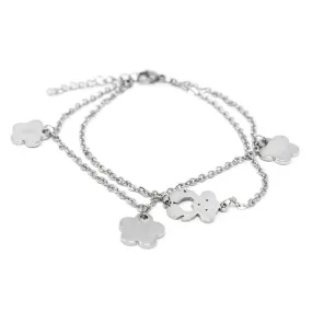 Stainless Steel CZ Flower Charms and Bear Bracelet