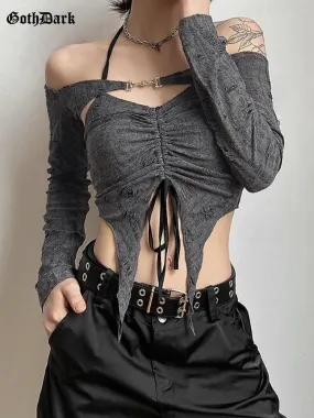 Dark Vintage Goth Style 2-Piece Set - Crop Top with Buckle