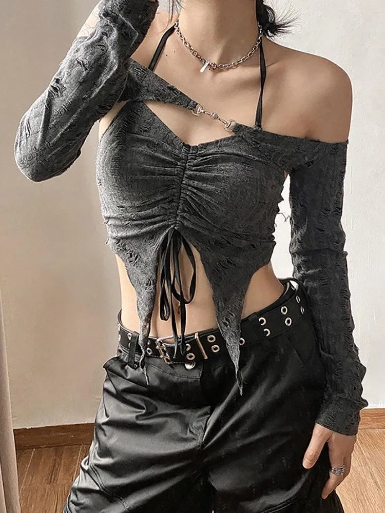 Dark Vintage Goth Style 2-Piece Set - Crop Top with Buckle