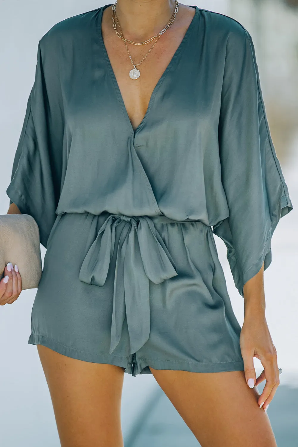 Dolman Sleeve Romper with Waist Tie