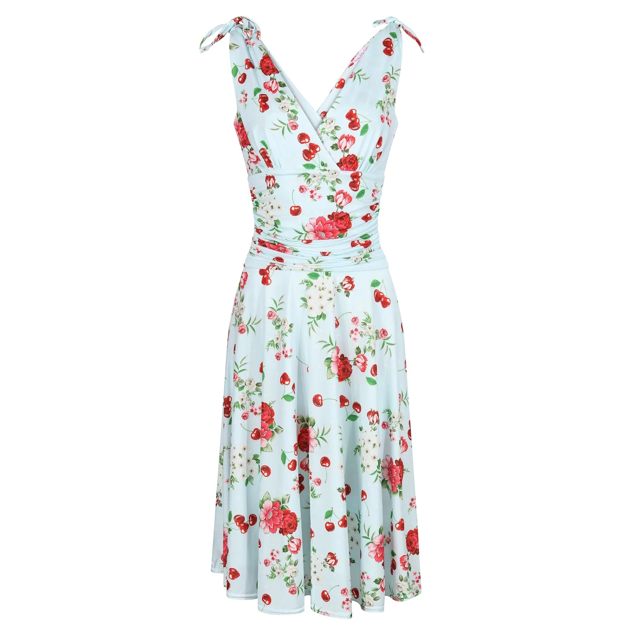 Light Blue Floral Cherry Print V Neck Tie Shoulder 50s Swing Dress