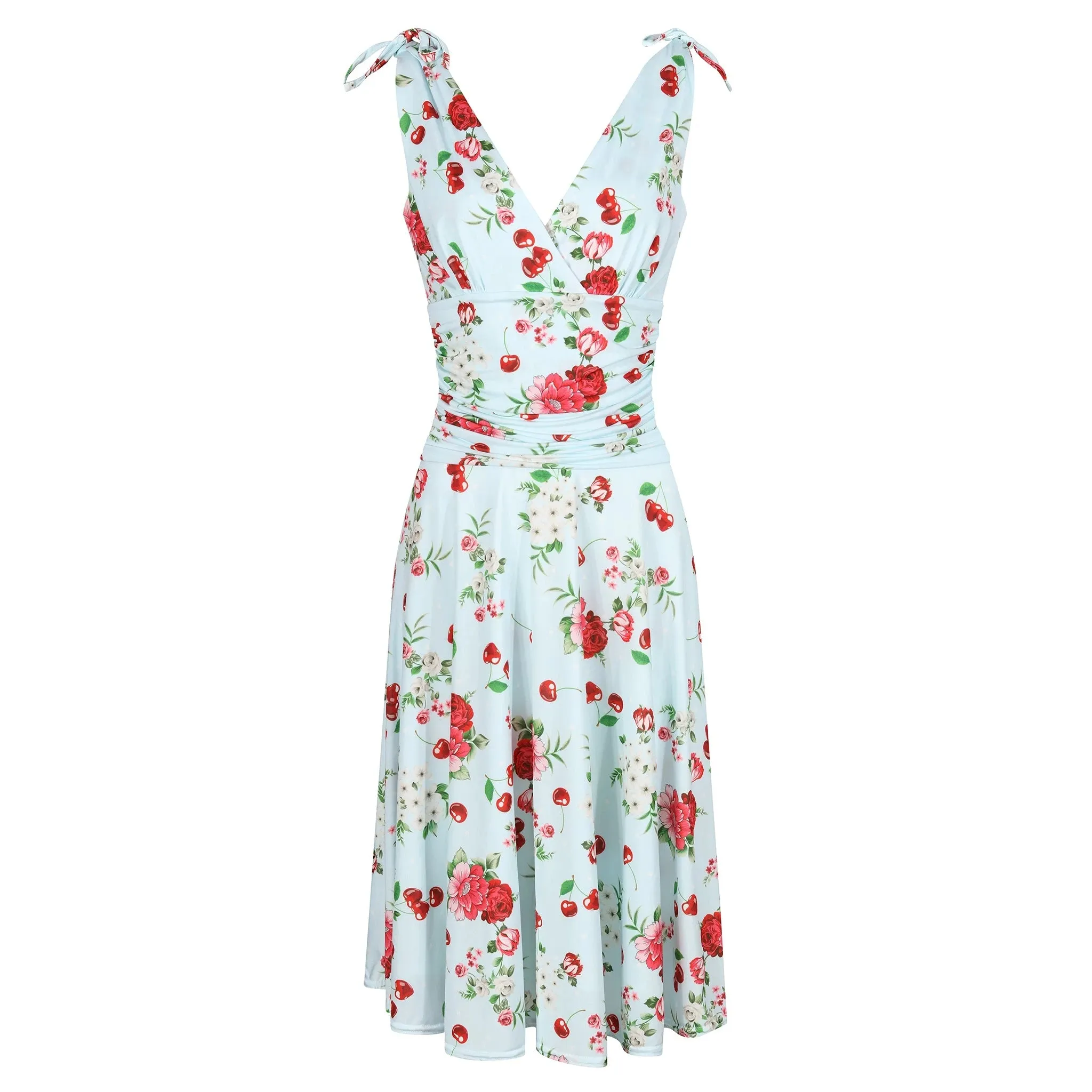 Light Blue Floral Cherry Print V Neck Tie Shoulder 50s Swing Dress